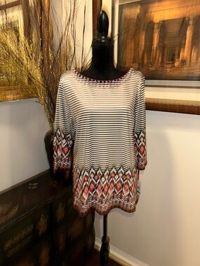 Ruby Rd. Cream & Brown Striped Tunic with Coral Geometric Hem